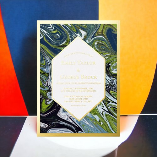 Modern Green Blue Earth Tone Abstract Wedding Gold Foil Invitation