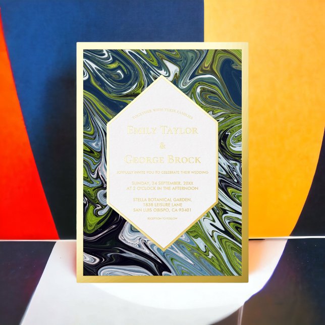 Modern Green Blue Earth Tone Abstract Wedding Gold Foil Invitation (Creator Uploaded)