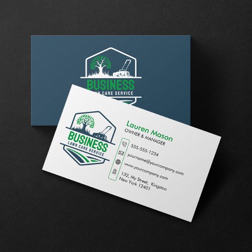Modern Green Blue Lawn Care Service Mow Landscape Business Card
