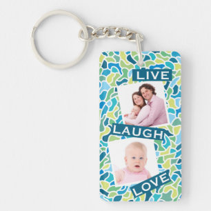 Modern Green Blue Mosaic Custom Photo Quote Keychain