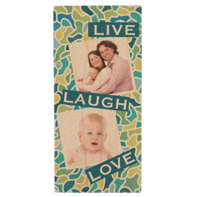 Modern Green Blue Mosaic Custom Photo Quote Wood Flash Drive (Front Vertical)