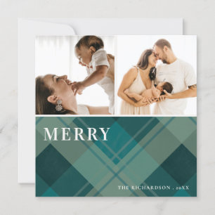 Modern Green Blue Plaid 2 Photo Merry Christmas Holiday Card