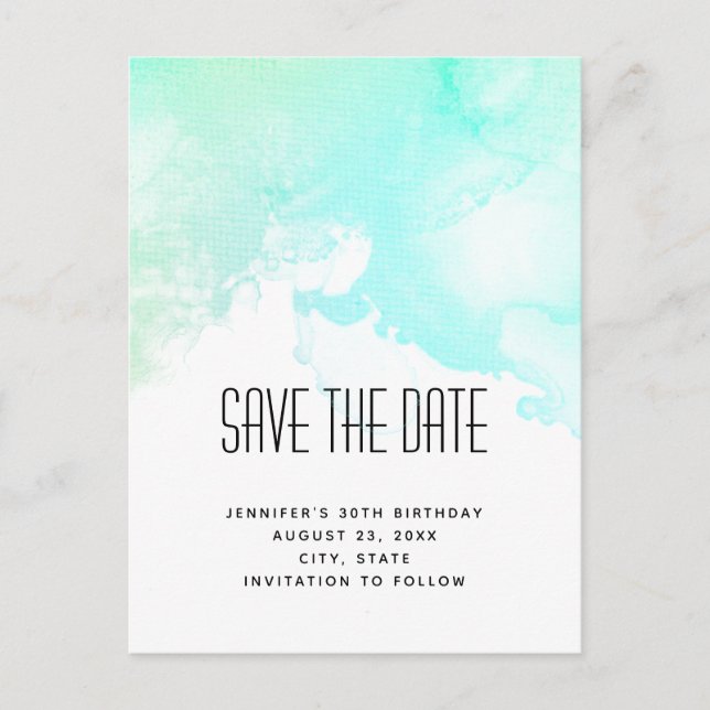 Modern Green & Blue Watercolor Save the Date Invitation Postcard (Front)