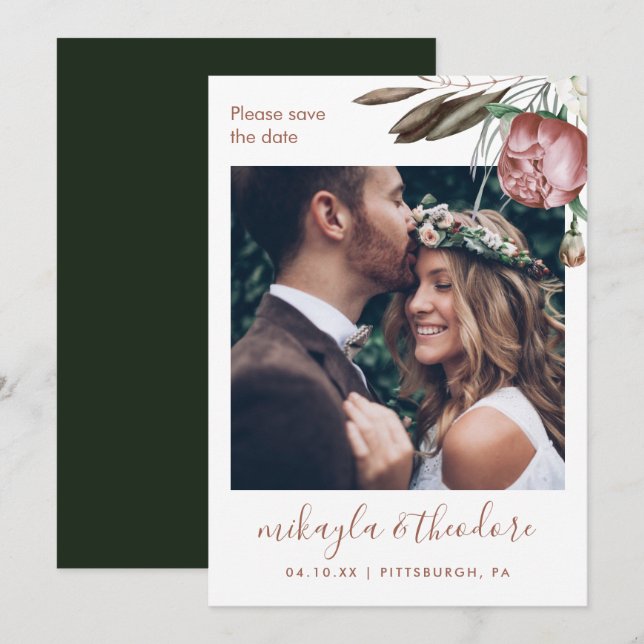 Modern Green Boho Floral Photo Wedding Save The Date (Front/Back)