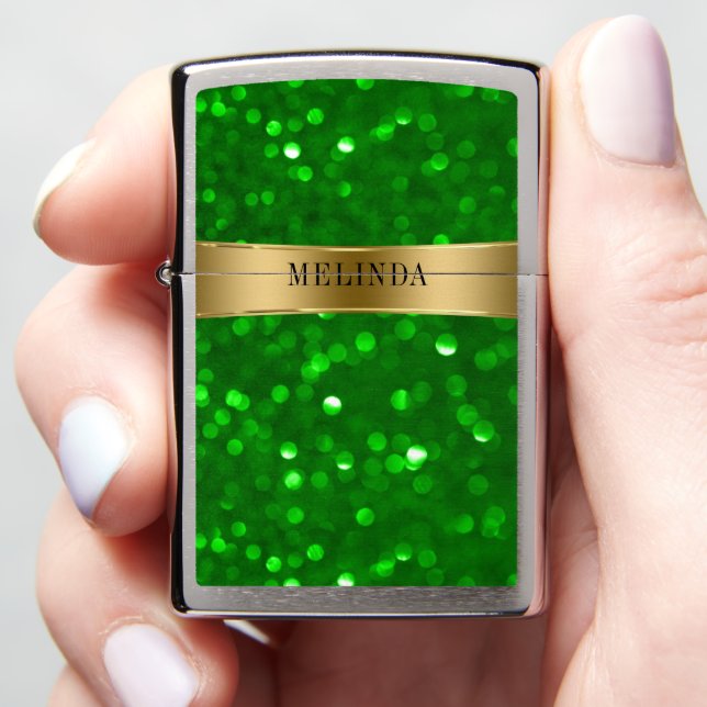 Modern Green Bokeh Glitter Zippo Lighter (In Hand)