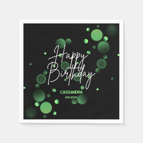 Modern Green Bokeh Gradient Black Happy Birthday Napkins