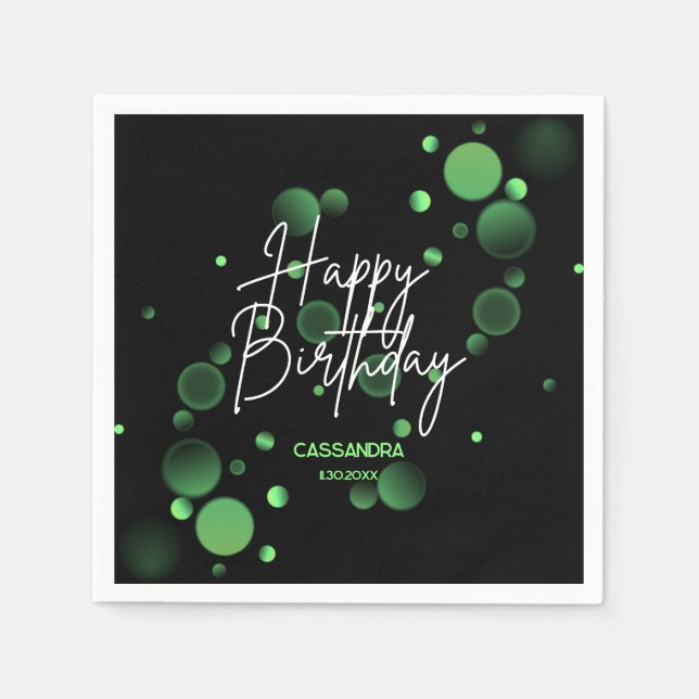 Modern Green Bokeh Gradient Black Happy Birthday Napkins (Front)