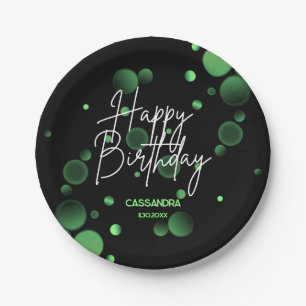 Modern Green Bokeh Gradient Black Happy Birthday Paper Plates