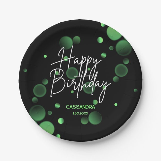 Modern Green Bokeh Gradient Black Happy Birthday Paper Plates (Front)