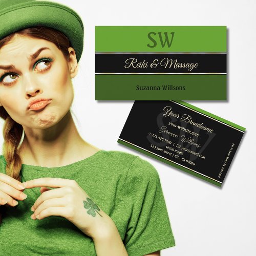 Modern Green Borders on Black Chic with Monogram Business Card