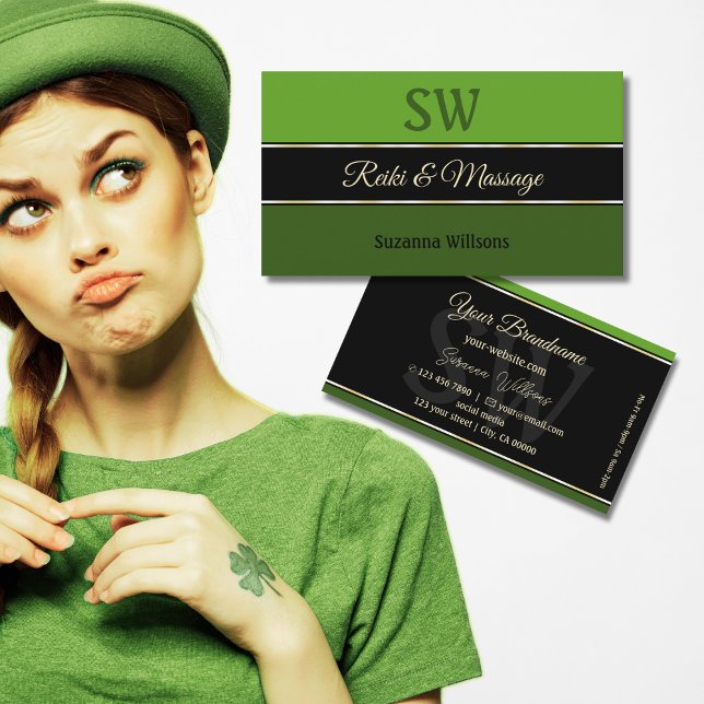 Modern Green Borders on Black Chic with Monogram Business Card (Creator Uploaded)