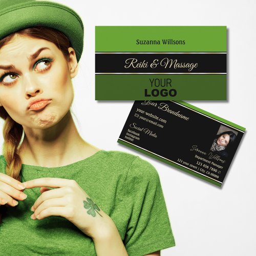 Modern Green Borders on Black with Logo and Photo Business Card