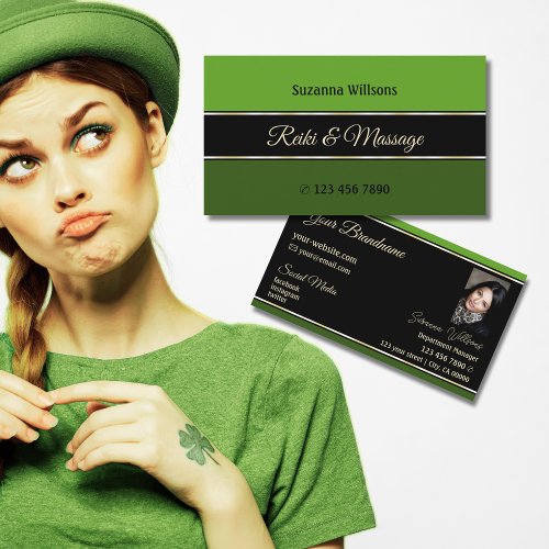 Modern Green Borders on Black with Photo Stylish Business Card