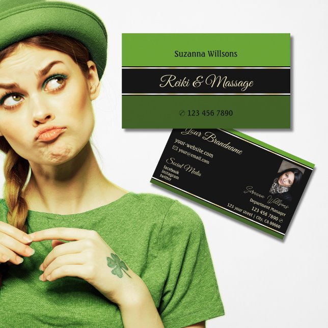 Modern Green Borders on Black with Photo Stylish Business Card (Creator Uploaded)