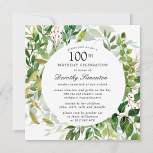 Modern Green Botanical 100th Birthday Invitation
