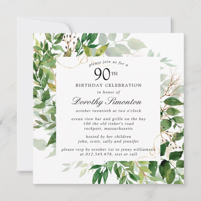 Modern Green Botanical 90th Birthday Invitation (Front)