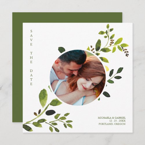 Modern Green Botanical Branches Round Photo Couple Save The Date