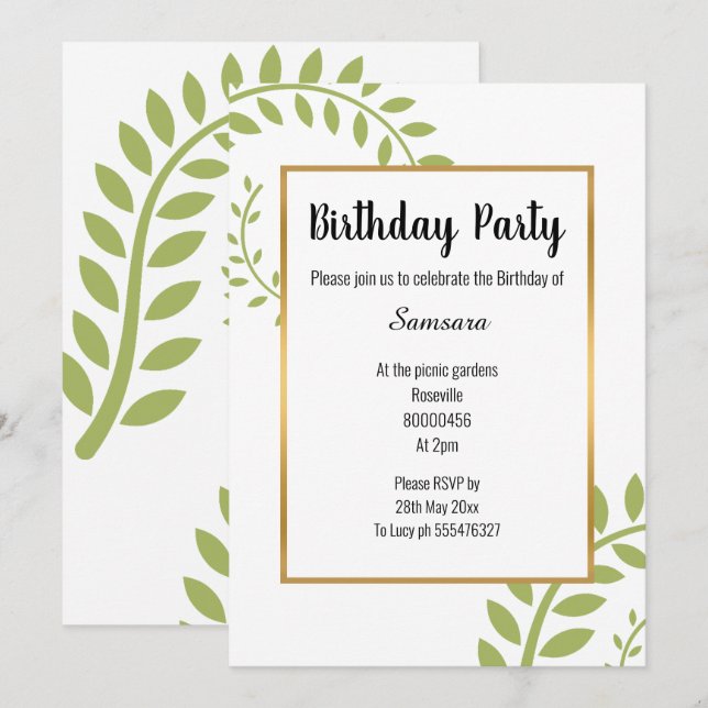 MODERN GREEN BOTANICAL FERN WHITE GOLD BIRTHDAY INVITATION (Front/Back)