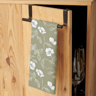 Modern Green Botanical Flowers Floral Pattern Kitchen Towel