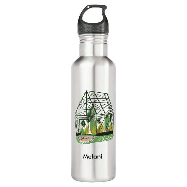 Modern Green Botanical Green House Stainless Steel Water Bottle (Front)