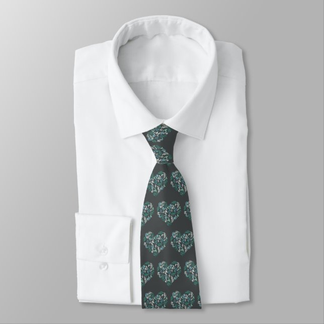 Modern Green Botanical Hearts Pattern on Gray Neck Tie (Tied)