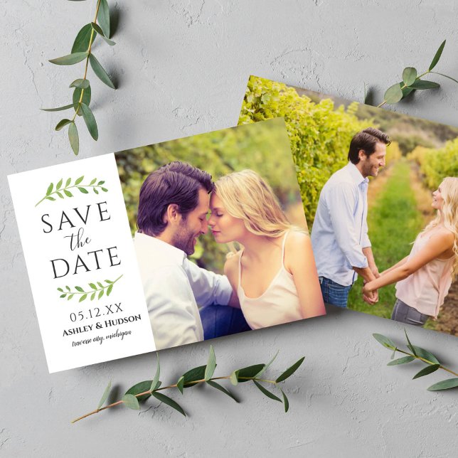Modern Green Botanical Leaf Photo Wedding Save The Date (Creator Uploaded)