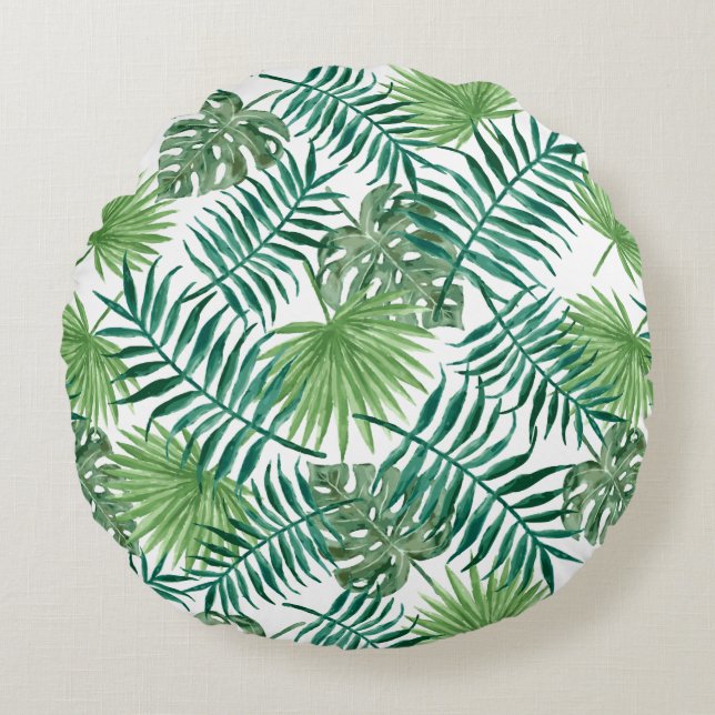 Modern Green Botanical Palm Leaves Round Pillow (Front)