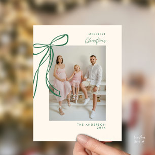 Modern Green Bow Family Photo Christmas Greeting Postcard