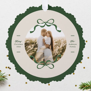 Modern Green Bows Christmas photo Ornament Card