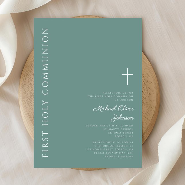 Modern Green Boy Cross  First Holy Communion Invitation (Modern Green Boy Cross First Holy Communion Invitation)