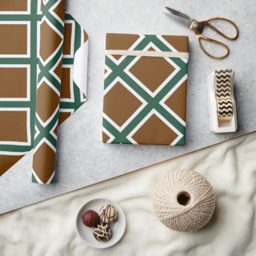 Modern Green Brown Grid Wrapping Paper