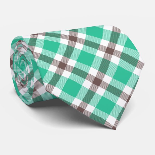 Modern Green Brown Plaid Pattern Neck Tie (Rolled)
