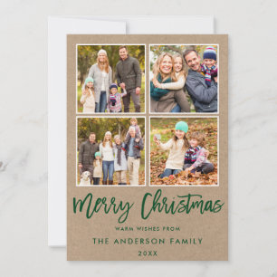 Modern Green Brush Script Christmas 4 Photo Kraft Holiday Card