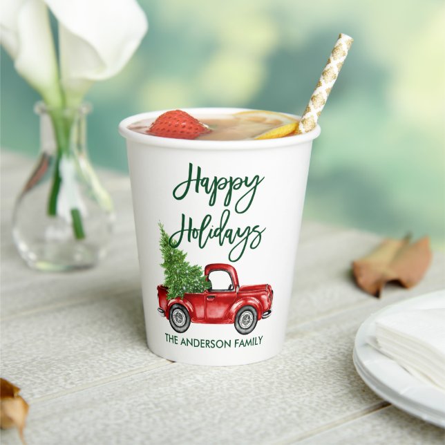 Modern Green Brush Script Holiday Red Truck Paper Cups (Insitu)