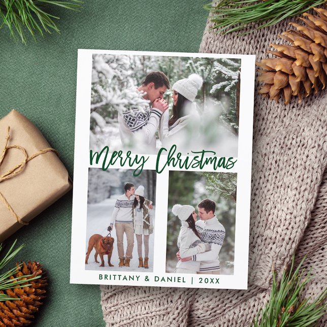 Modern Green Brush Script Merry Christmas Photo Postcard (Customize to change your personalized text size or text style.)