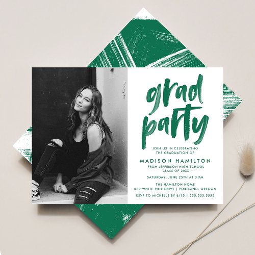 Modern Green Brush Script Photo Graduation Party Invitation