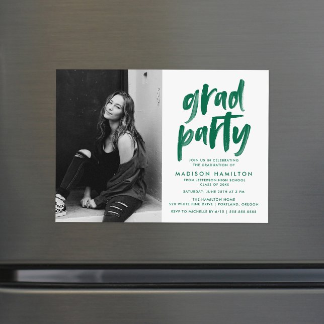 Modern Green Brush Script Photo Graduation Party Magnetic Invitation (Creator Uploaded)