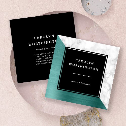 Modern Green Brushed Foil White Marble Black Square Business Card