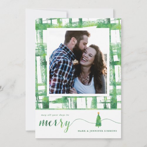 Modern Green Brushstroke Photo Holiday Card