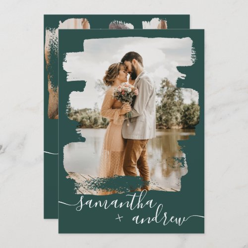 Modern green brushstroke script 2 photos wedding invitation