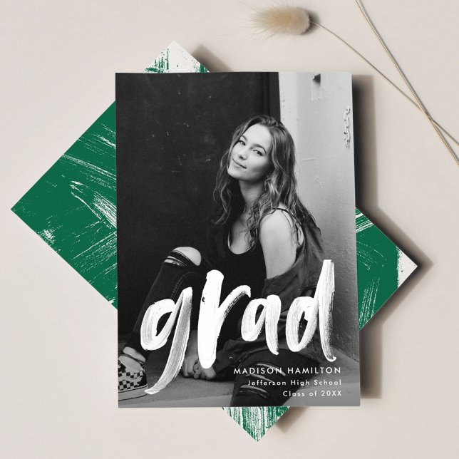 Modern Green Brushstrokes Photo Graduation Announcement (Creator Uploaded)