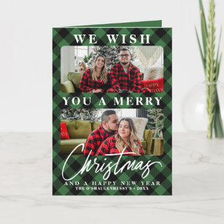 Modern Green Buffalo Plaid Christmas Photo Holiday Card