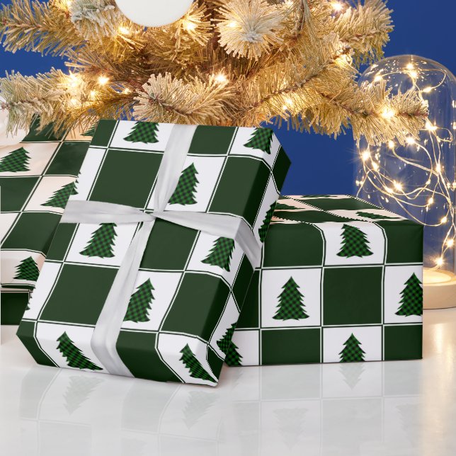 Modern Green Buffalo Plaid Christmas Tree Pattern Wrapping Paper (Holidays)