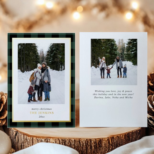 Modern Green Buffalo Plaid Christmas Two Photos Foil Holiday Card (Creator Uploaded)
