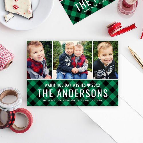 Modern Green Buffalo Plaid Family Photo Collage Holiday Card