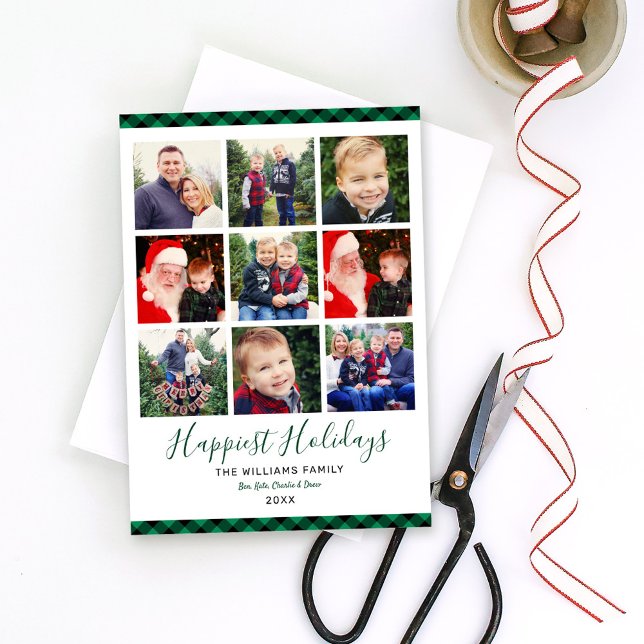 Modern Green Buffalo Plaid Photo Collage Holiday Card (Creator Uploaded)