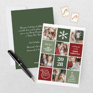Modern Green Burgundy Six Photo Collage Christmas Holiday Card