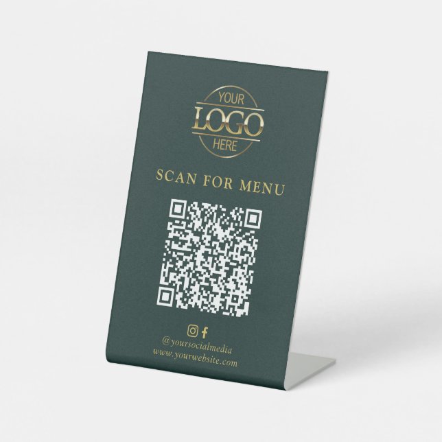 Modern Green Business Logo Contactles QR Code Menu Pedestal Sign (Front)