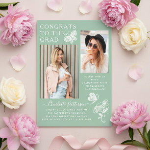 Modern Green Butterfly Photo Graduation Party Acrylic Invitations