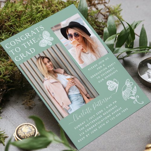 Modern Green Butterfly Photo Graduation Party Invitation